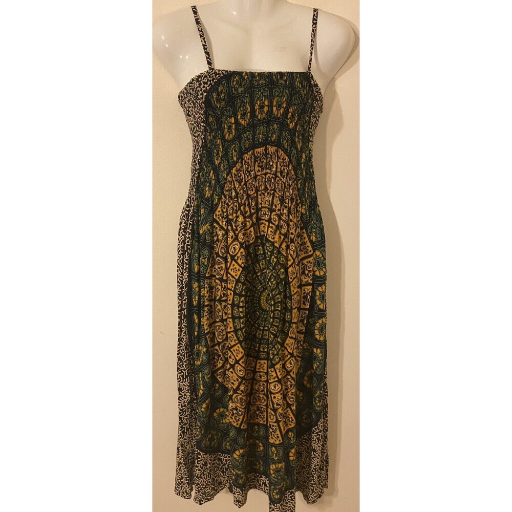 Peaceful People Sundress Womens Size S Smocked Midi Black Yellow Green - Picture 2 of 6
